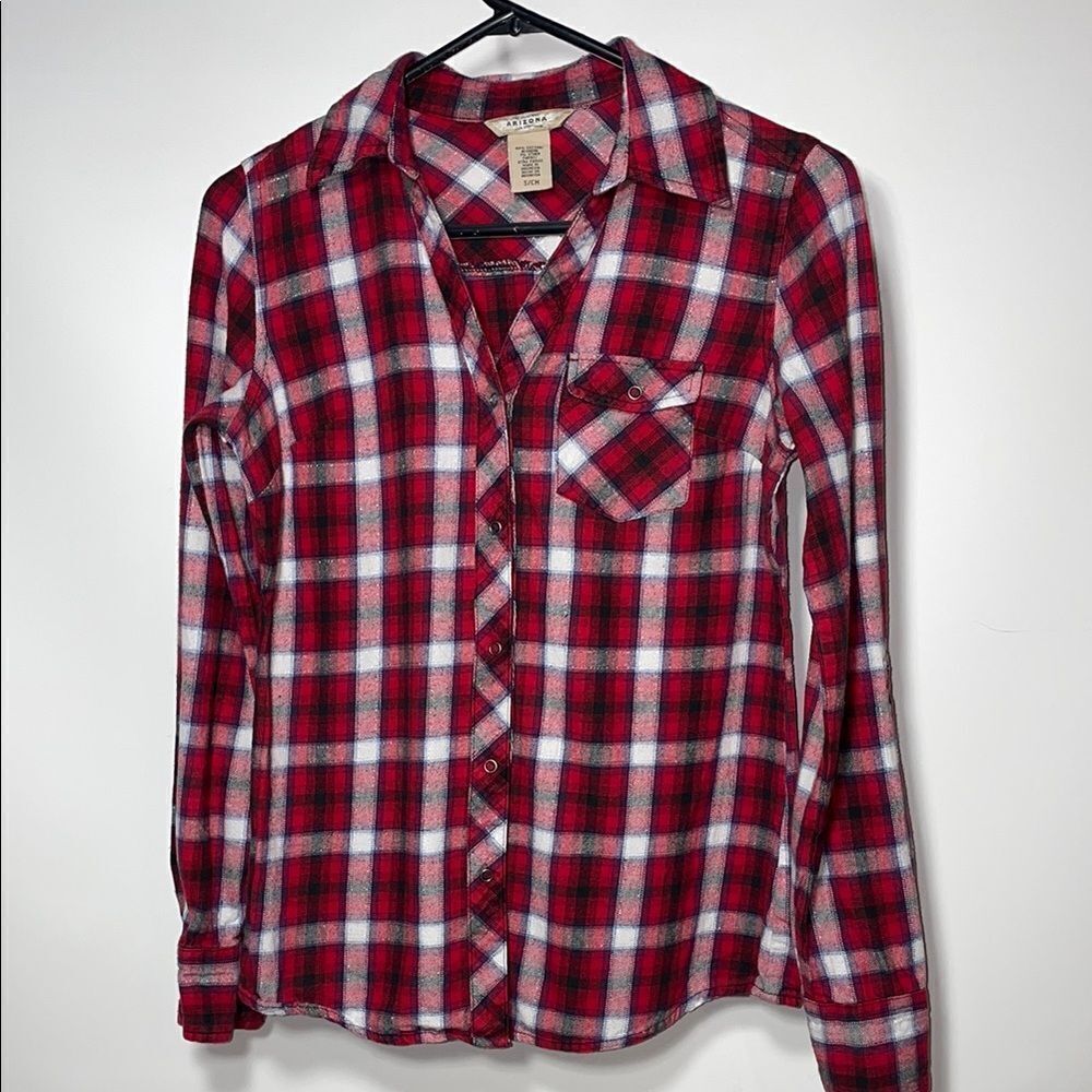 Arizona Jean Company Red and White Plaid Button-Up Shirt